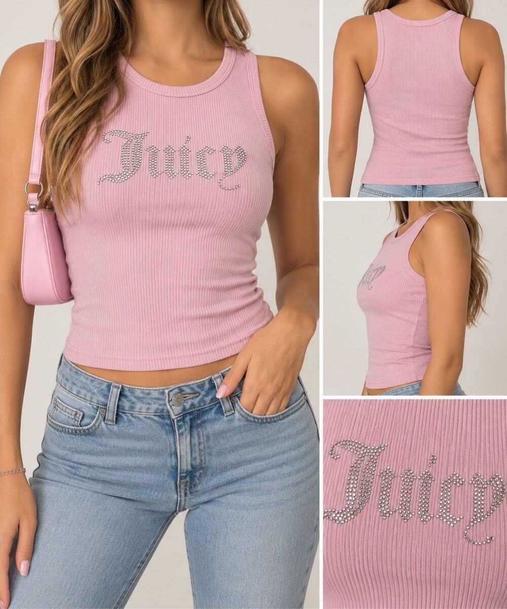 Juicy Couture Pink Rhinestone Logo Ribbed Tank Top Small Y2K Bling